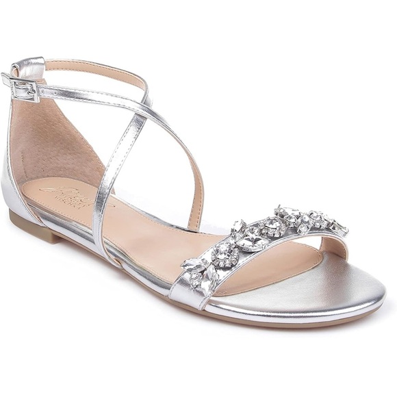 Jewel Badgley Mischka Embellished Evening Sandal 5.5 satin silver flat - Picture 1 of 7